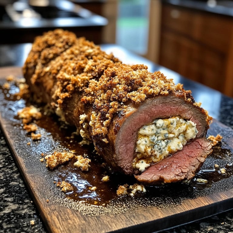 Gorgonzola-Stuffed Beef Tenderloin with Port Wine Sauce
